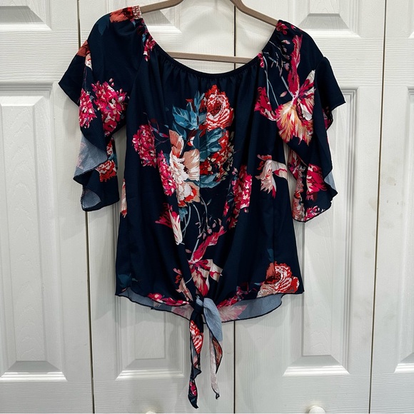 Lucky Brand Tops - Lucky Brand Dark Blue Floral Blouse with Tie